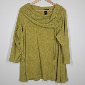 Ali Miles Drawstring Cowl Neck Knit Tunic Top 1X Artsy Boho Heather Yellow Gold